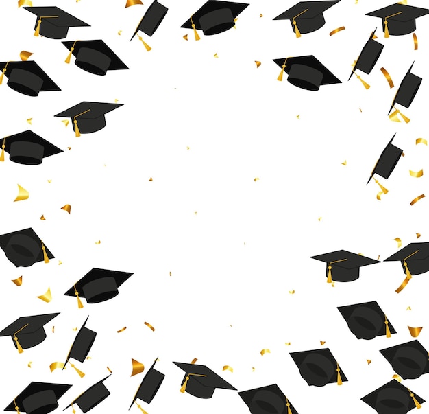 Plik wektorowy graduation przezroczyste tło z realistycznymi latający czarny stopień czapki konfetti balony i dyplomy grafika wektorowa szkoły i uczelni transparent edukacji ze złotym brokatem na białym tle