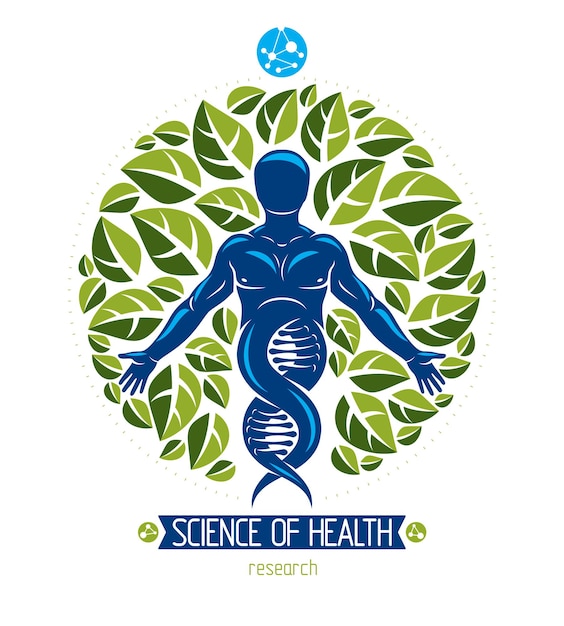 Graficzna Ilustracja Wektorowa Umięśnionego Człowieka Przedstawiona Jako Kontynuacja Symbolu Dna I Stworzona Z Liści Drzewa Ekologii. Innowacje Technologiczne Zielone Myślenie, Koncepcja Ochrony Ekologii.