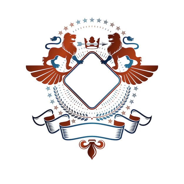 Plik wektorowy graficzny emblemat skrzydlaty stworzony z dzielnego króla lwa, cesarskiej korony i ozdobnej wstążki. heraldyczny herb dekoracyjne logo na białym tle ilustracji wektorowych.