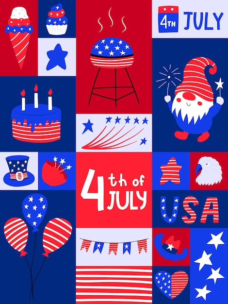 Plik wektorowy graficzny plakat z narodowymi symbolami dnia niepodległości usa kartkę z życzeniami na 4 lipca balony tort gwiazdy flagi patriotyczne elementy w stylu płaskiej kreskówki jasny kolor ilustracja wektora