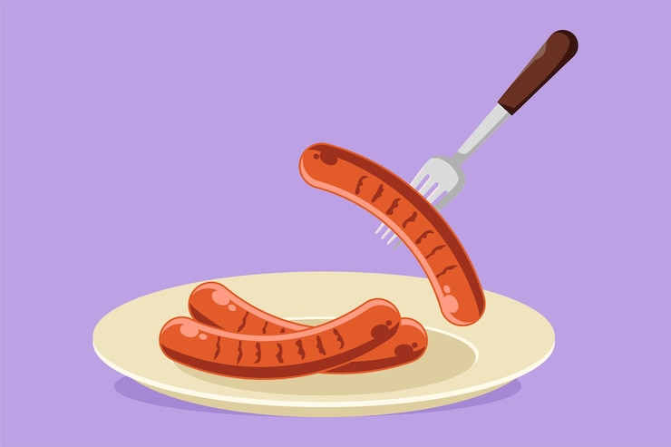 Wektor graficzny projekt płaski rysunek kiełbasa na widelec na talerzu logotyp etykieta naklejka symbol gotowana kiełbasa smażona na gorąco grill piknik szablon dla menu restauracji lub kawiarni styl kreskówki ilustracja wektorowa