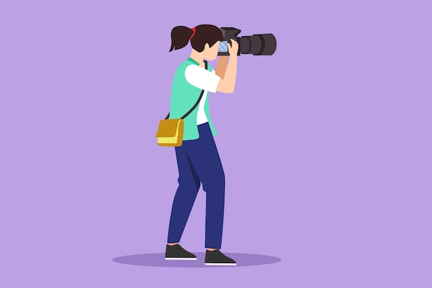 Graficzny projekt płaski rysunek kobieta fotograf z torbą z szlingą trzymającą kamerę fotograficzną i fotografującą Zawód kreatywny Szczęśliwa kobieta robi zdjęcie ilustracja wektorowa w stylu kreskówki