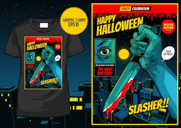 Graficzny T-shirt Halloween, Komiks Horror, Szablon Okładki Happy Halloween, Ręka Trzyma Nóż Na Tle Miasta Nocą.