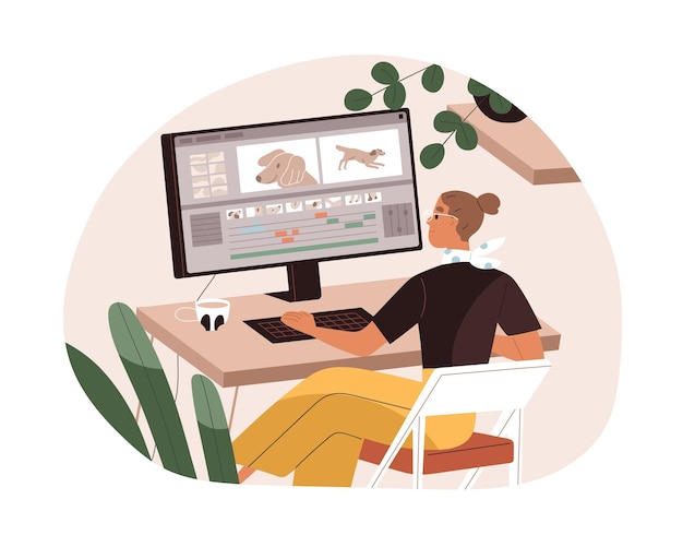 Grafik ruchu pracuje na komputerze, tworząc projekty animacji. Cyfrowy twórca pracujący na ekranie komputera. Edytorka wideo przy biurku PC. Płaskie wektor ilustracja na białym tle