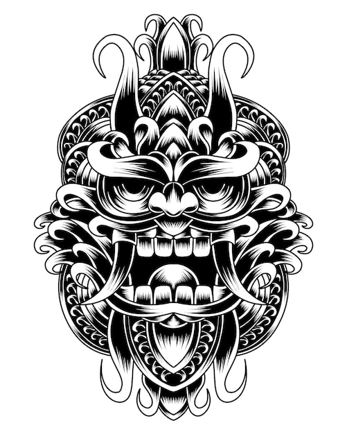 Grafika ilustracja Balijski Barong z uroczymi rzeźbami Line Art