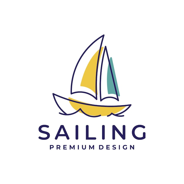 Grafika Liniowa Kawaii Sailing Boat Logo Design, Urocza I Zabawna Reprezentacja Morskiej Przygody