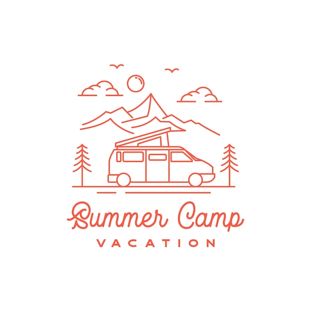 Grafika Liniowa Logo Camper Van, Emblematy I Odznaki. Namiot Kempingowy I Projektowanie Logo Lasu
