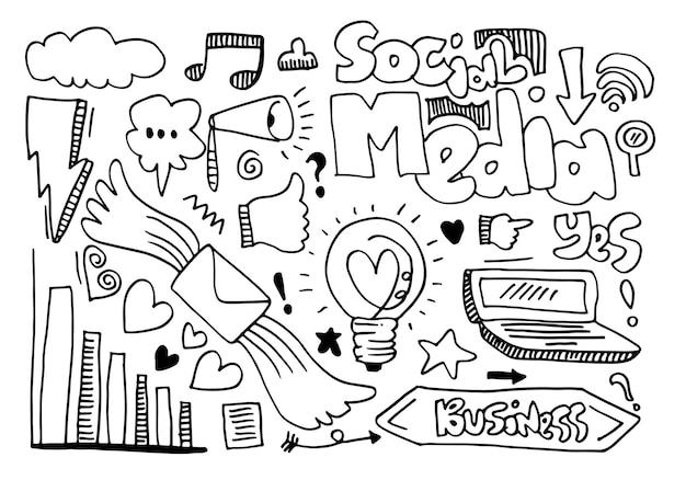 Grafika liniowa wektor Doodle kreskówka zestaw obiektów i symboli na temat Social Media.
