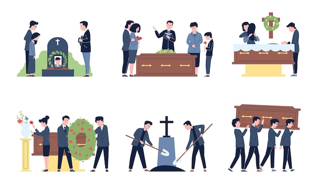 Plik wektorowy grafika pogrzebowa rodzina żałoba i ceremonia pamiątkowa ludzie i śmierć pogrzeb i wspomnienia służba śmiertelna płaska ostatnie sceny wektorowe