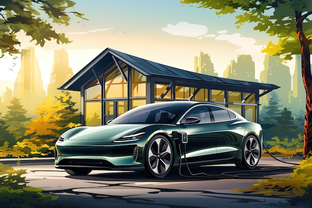 Plik wektorowy grafika samochodu elektrycznego na stacji ładowania futurystyczne miasto
