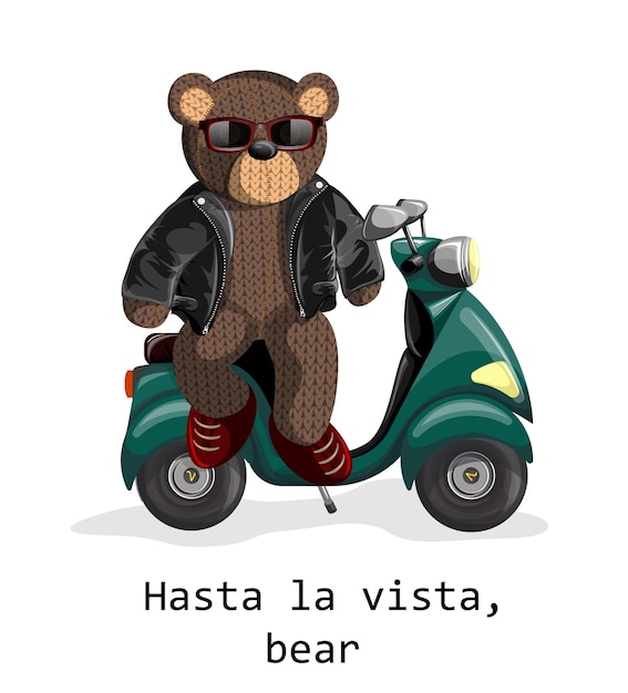 Grafika wektorowa miękkiego misia przedstawionego żywego z nutą ludzkości na skuterze elektrycznym w okularach przeciwsłonecznych i skórzanej kurtce Concept Eps 10