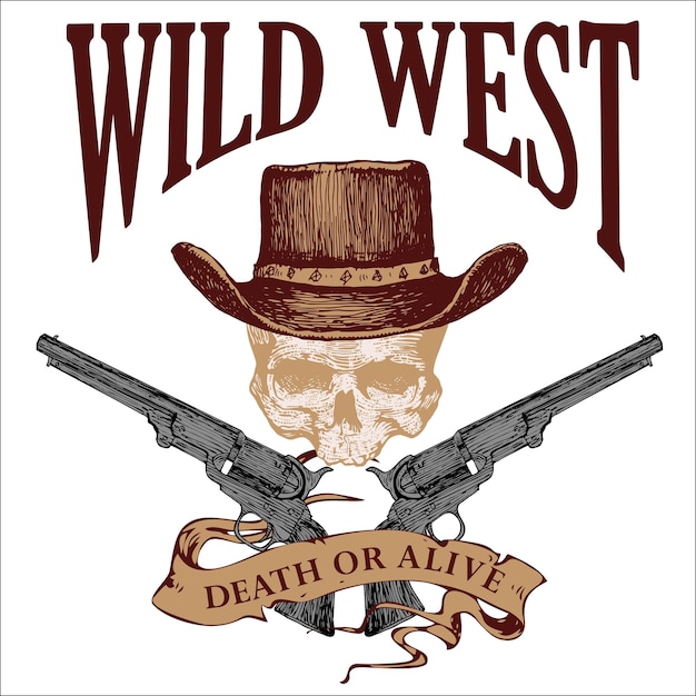 Plik wektorowy grafika wektorowa plakatu w stylu zachodnim z kapeluszem czaszki i pistoletami. grawerowanie grafiki