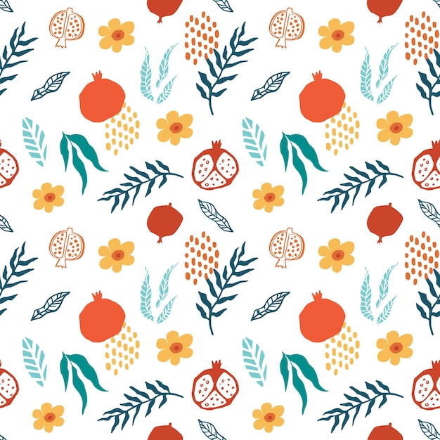 Granat wzór z liśćmi, kwiat. Ilustracja wektorowa kwiatowy streszczenie doodle i owoce skandynawskie. Armeński wzór granatu. Elegancki szablon do modnych nadruków.