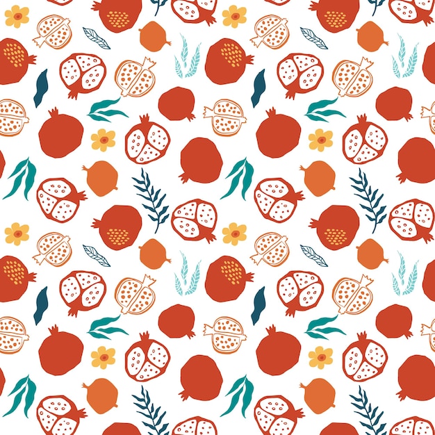 Granat wzór z liśćmi, kwiat. Ilustracja wektorowa kwiatowy streszczenie doodle i owoce skandynawskie. Armeński wzór granatu. Elegancki szablon do modnych nadruków.