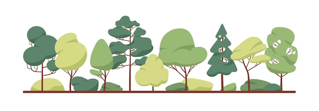 Plik wektorowy granica zielonego drzewa. liście leśne i rośliny iglaste w rzędzie. panorama drewna mieszanego ze stylizowanymi pniami jodły, topoli i koronami. ilustracja wektorowa płaski lasów na białym tle