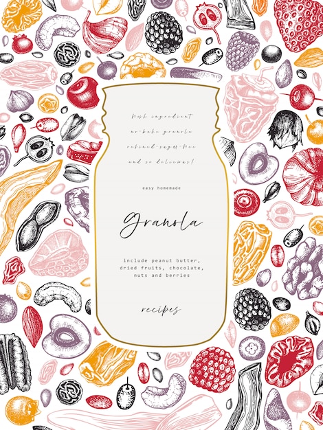 Granola Vintage. Ilustracja Zdrowe śniadanie Grawerowane Styl. Domowa Muesli Z Różnymi Jagodami, Płatkami Zbożowymi, Suszonymi Owocami I Ramką Z Orzechów. Szablon Zdrowej żywności Z Wygrawerowanymi Elementami