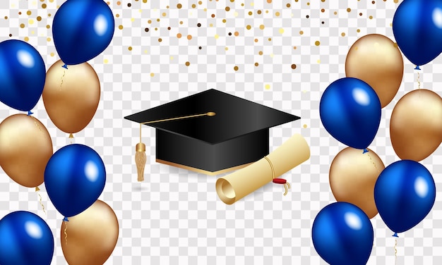 Plik wektorowy gratulacje ukończenia klasy czapki dyplomowej oraz konfetti i balony z gratulacjami sztandar i