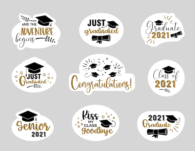 Gratulacje z okazji ukończenia szkoły na uniwersytecie lub w college'u Zestaw naklejek z efektem złotego brokatu