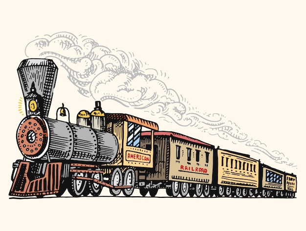 Grawerowane vintage, ręcznie rysowane, stara lokomotywa lub pociąg z parą na amerykańskiej kolei. transport retro.