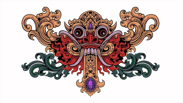 Grawerowany Styl Barong Bali Maska Wektor Wzór, Edytowalny Kolor