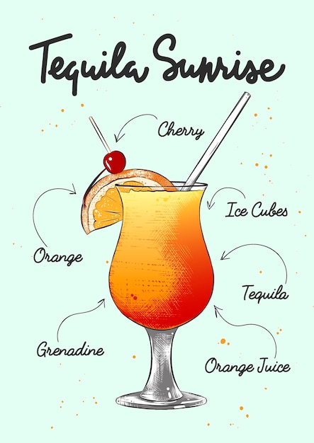 Grawerowany Styl Tequila Sunrise Koktajl Ilustracja Ręcznie Rysowane Szkic Z Napisem I Przepisem