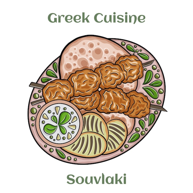 Plik wektorowy grecki kurczak souvlaki z sosem tzatziki i świeżymi warzywami grillowanymi kebabami izolowana ilustracja wektora