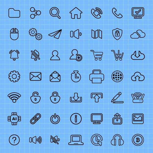 Grid of 49 technology icons on blue background Icons include phone cloud lock and computer Simple modern design for tech communication and security themes User interface icon vector set