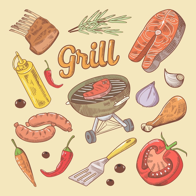 Grill Barbecue Doodle Ze Stekiem I Kiełbasą