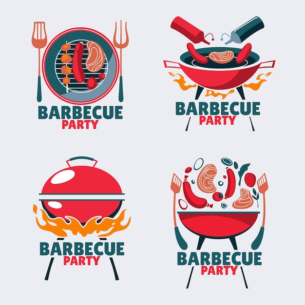 Grill BBQ Time Grill Party Barbecue Etykieta Emblemat Wektorowy Zestaw