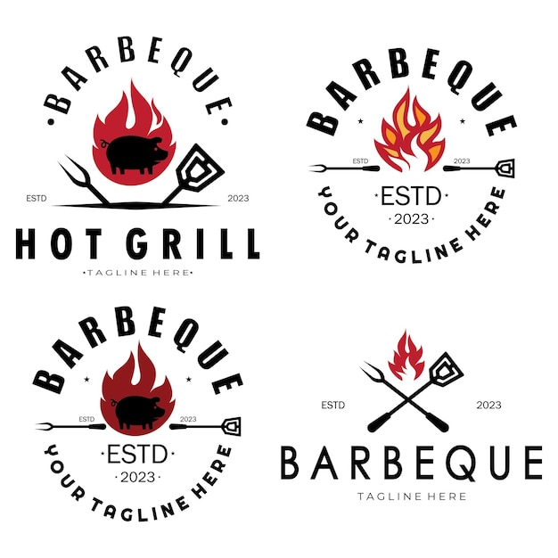 Grill Z Dymem I Grillem Vintage Gorący Grill Ze Skrzyżowanymi Płomieniami I łopatką Logo Dla Kawiarni Z Odznaką Restauracji I Barvector