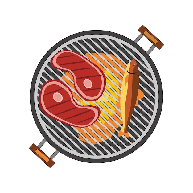 Grill z stekami i rybami gotowany na otwartym ogniu do jedzenia letnich projektów grilla i kulinarnych