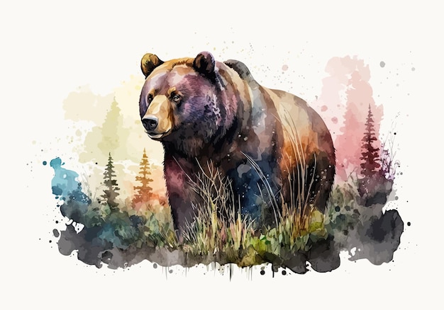 Grizzly Akwarela Stylizowane Malarstwo Minimalizm Farba Niedźwiedź Brunatny Tapeta Generatywna Ai Krajobraz Abstrakcja Trawa Wełna Sosny Niedźwiedź Drapieżnik Natura Koncepcja Wektor Ilustracja