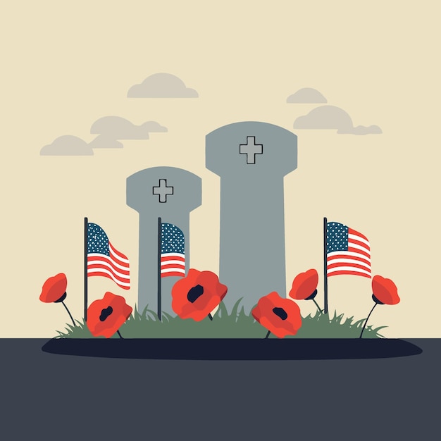 Grób Na Cmentarzu Z Czerwonymi Kwiatami I Flagą Stanów Zjednoczonych