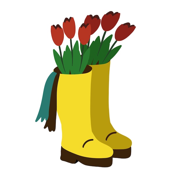 Gromada tulipanów w żółtych butach Ilustracja wektorowa