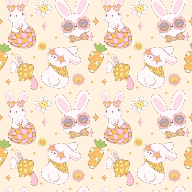 Groovy Easter Pattern Bezszwykły Retro Disco Królik Zabawny Rysunek Zwierząt