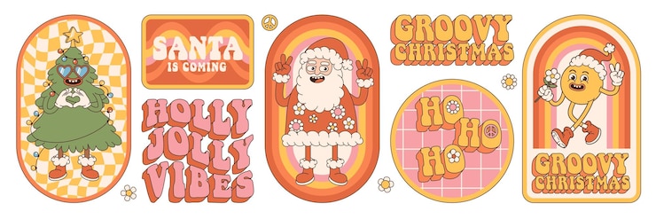 Wektor groovy hipisowskie naklejki świąteczne święty mikołaj choinka uśmiech tęcza w stylu retro cartoon