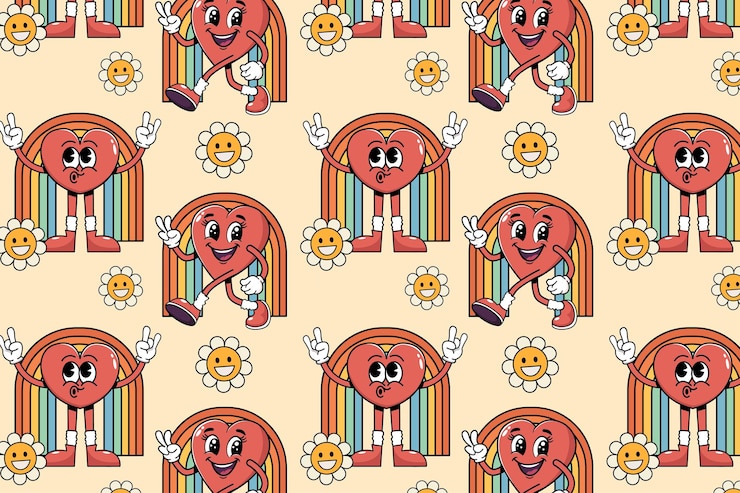 Wektor groovy hippie dzień walentynek bezszwykowy wzór serca postać tęcza słońca z retro kreskówką