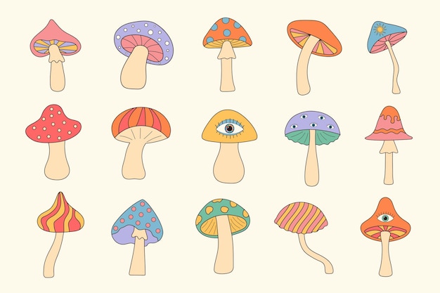 Groovy Hippie Mushroom Set Psychodeliczne halucynogenne grzyby fantasy Liniowy kolor