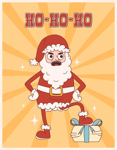 Groovy hippie świąteczny plakat w modnym stylu retro cartoon. Zła koncepcja Świętego Mikołaja. Wesołych Świąt.