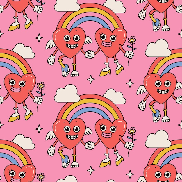 Groovy hippie walentynki wzór z postaciami z kreskówek retro serca z tęczy i c