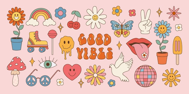 Groovy hippie zestaw elementów z lat 70. Ilustracja wektorowa w stylu vintage z napisem Good Vibes