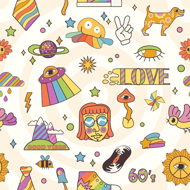 Groovy kreskówka psychedeliczny bezszelestny wzór z zabawnym hippy emoji i postaciami zestaw