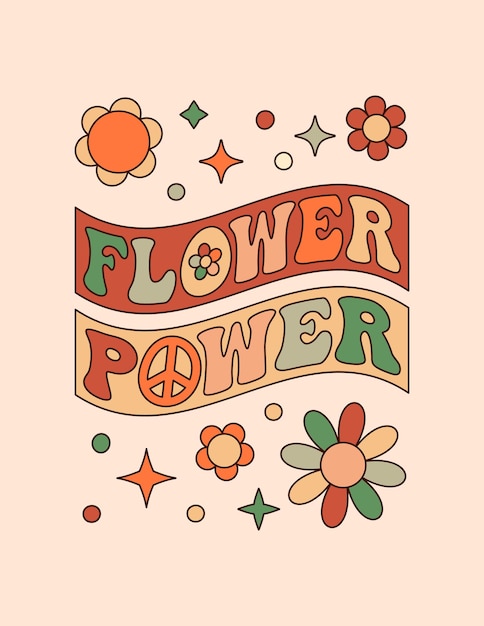 Plik wektorowy groovy plakat z lat 70. z motywem kwiatowym power slogan vector psychodeliczny tło w stylu retro cartoon