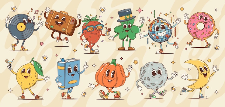 Wektor groovy retro postacie z kreskówek hippie z lat sześćdziesiątych i siedemdziesiątych