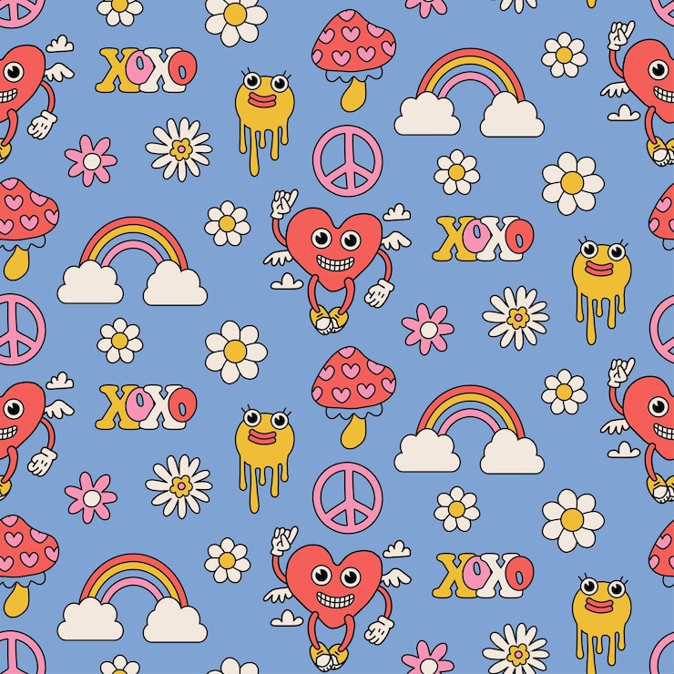 Wektor groovy retro walentynki miłość i serca maskotki wzór cyfrowy papier powtarzający się backgr