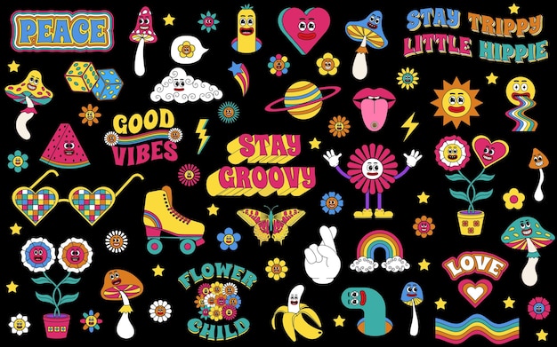 Plik wektorowy groovy set groovy hippie 70s set sticker pack w modnym retro psychedelicznym stylu kreskówki