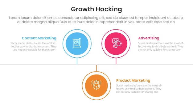 Growth hacking infographic 3 punkt z okrągłą linią czasową prawy kierunek w górę i w dół dla prezentacji slajdów