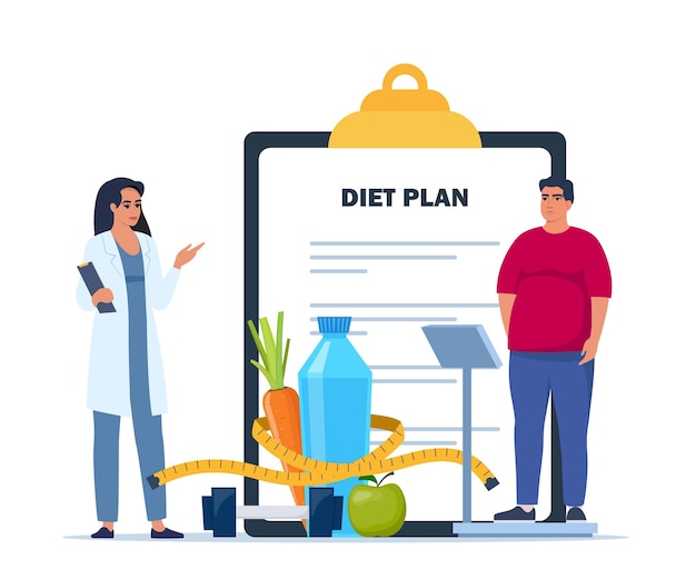 Plik wektorowy grubas stojący na wadze lekarz wyjaśnia, na czym polega zdrowie i jak schudnąć plan diety