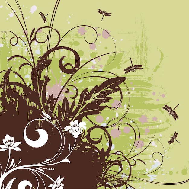 Grunge kwiatowy tło z ważką, element projektu, ilustracji wektorowych