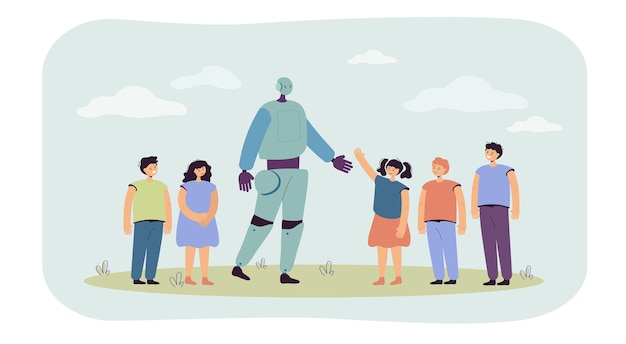 Grupa dzieci pozdrawiająca robota płaska ilustracja
